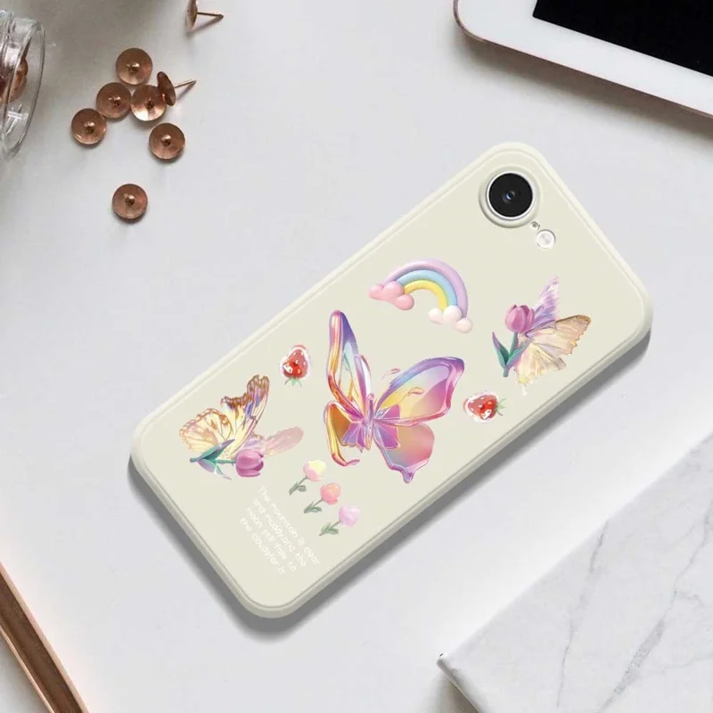 For iPhone 16e Case Colored Butterfly Flower Pattern Printing Straight Edge TPU Phone Back Cover - Beige