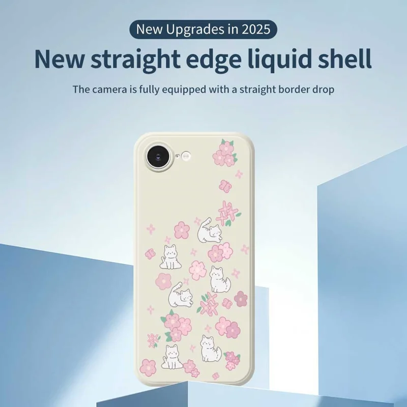 For iPhone 16e Case Cute Cat Play Garden Pattern Printing Straight Edge TPU Phone Back Cover - Beige