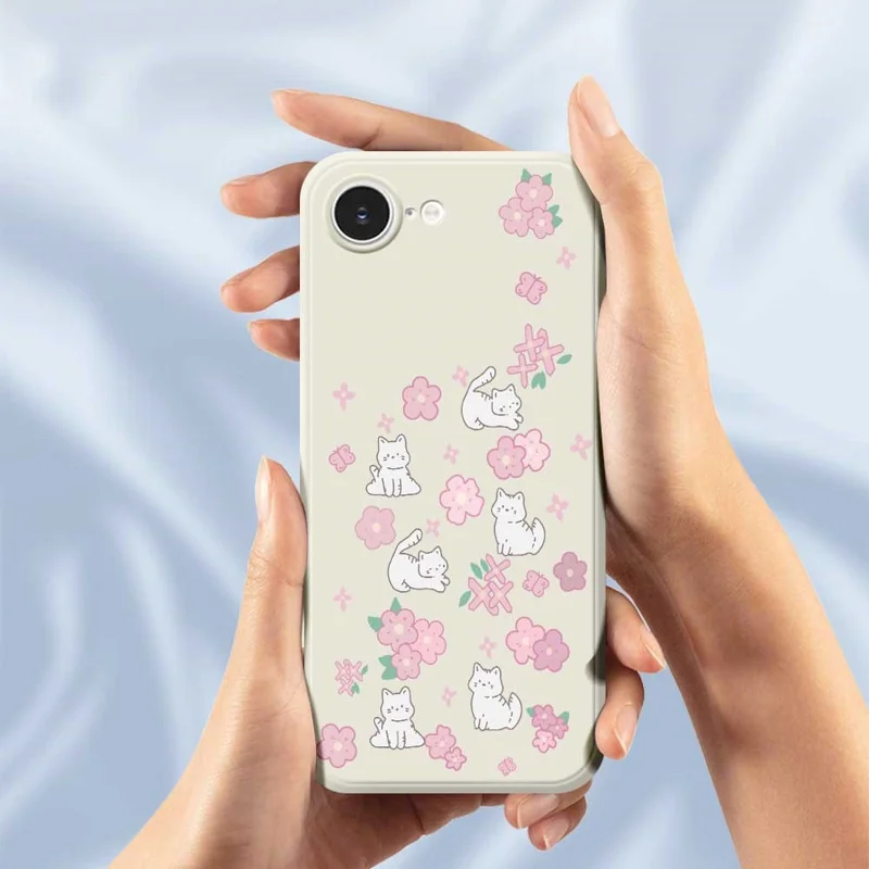 For iPhone 16e Case Cute Cat Play Garden Pattern Printing Straight Edge TPU Phone Back Cover - Beige