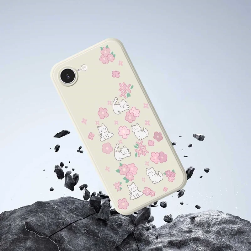 For iPhone 16e Case Cute Cat Play Garden Pattern Printing Straight Edge TPU Phone Back Cover - Beige