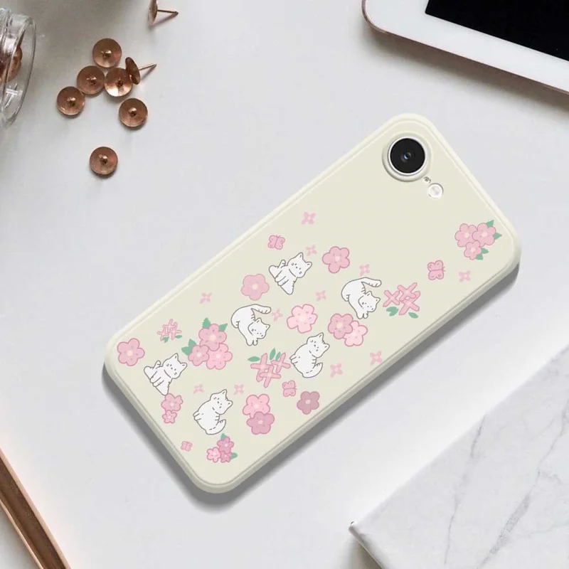 For iPhone 16e Case Cute Cat Play Garden Pattern Printing Straight Edge TPU Phone Back Cover - Beige