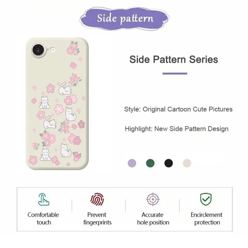 For iPhone 17e / 16e Case Cute Cat Play Garden Pattern Printing Straight Edge TPU Phone Back Cover - Black
