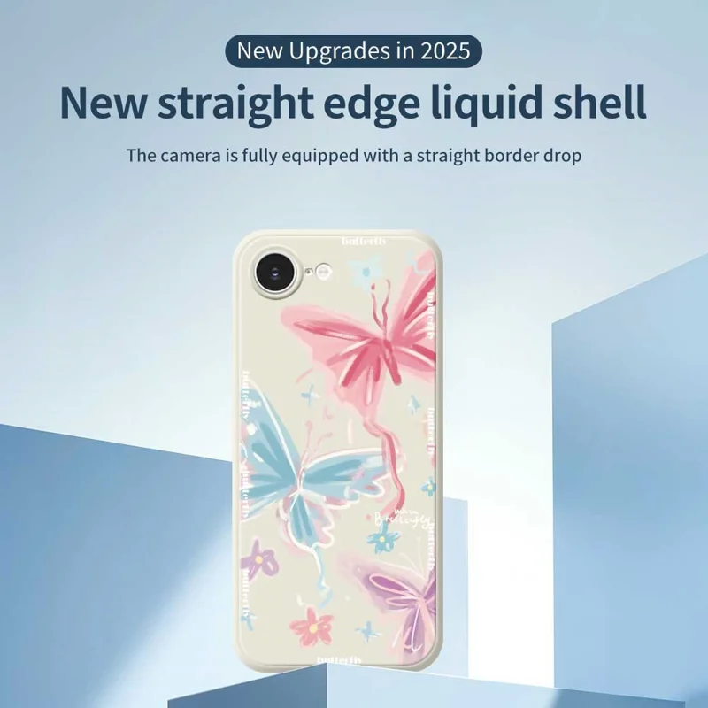 For iPhone 16e Case Cute 3 Color Butterfly Pattern Printing Straight Edge TPU Phone Back Cover - Beige