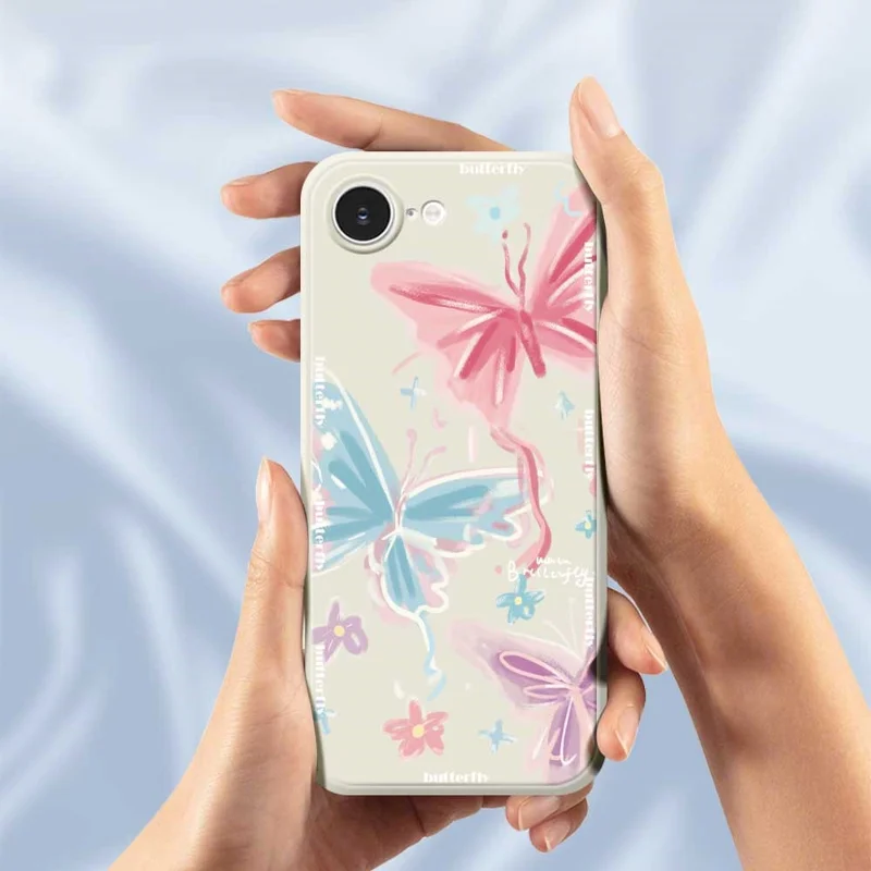 For iPhone 16e Case Cute 3 Color Butterfly Pattern Printing Straight Edge TPU Phone Back Cover - Beige