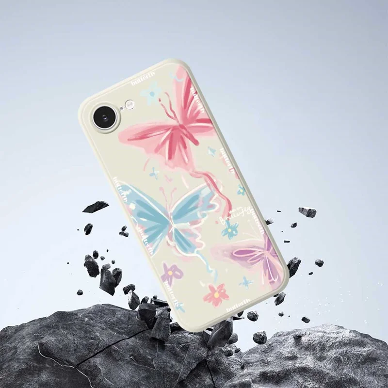 For iPhone 16e Case Cute 3 Color Butterfly Pattern Printing Straight Edge TPU Phone Back Cover - Beige