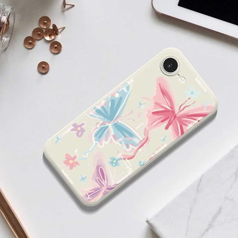 For iPhone 16e Case Cute 3 Color Butterfly Pattern Printing Straight Edge TPU Phone Back Cover - Beige