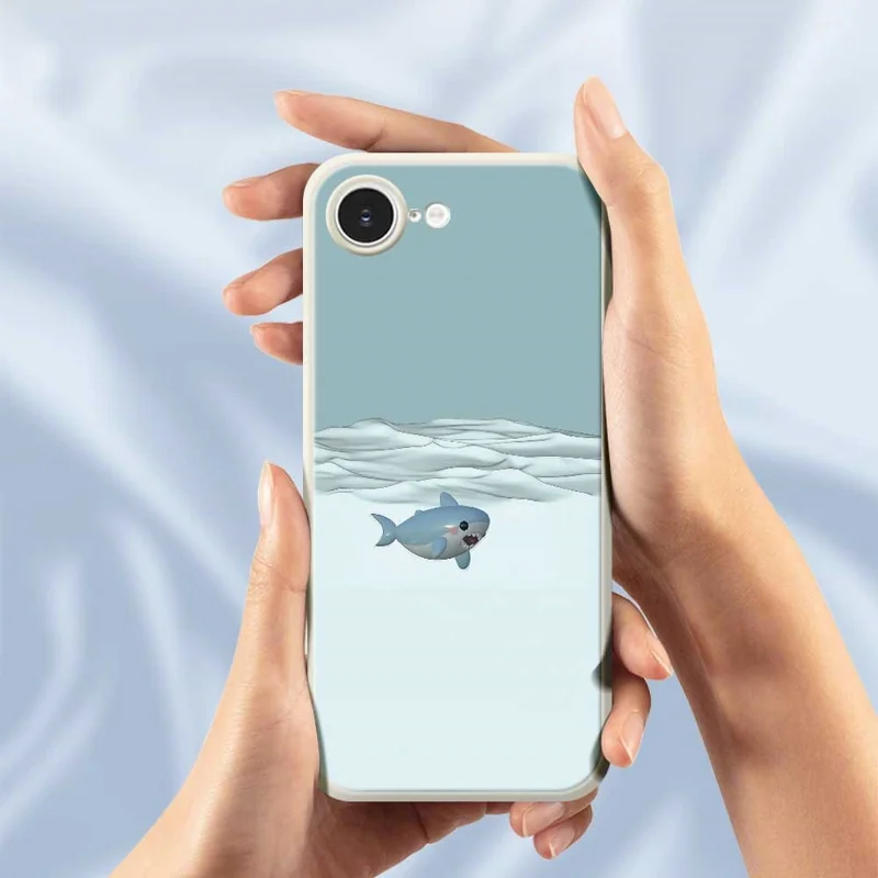 For iPhone 16e Case Cute Shark Pattern Printing Straight Edge TPU Phone Back Cover - Beige