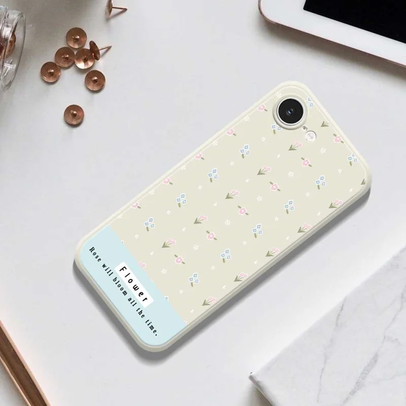 For iPhone 16e Case Cute Flower Pattern Printing Straight Edge TPU Phone Back Cover - Beige