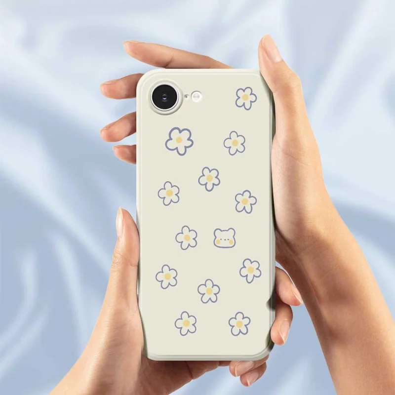 For iPhone 16e Case Cute Floral Bear Pattern Printing Straight Edge TPU Phone Back Cover - Beige