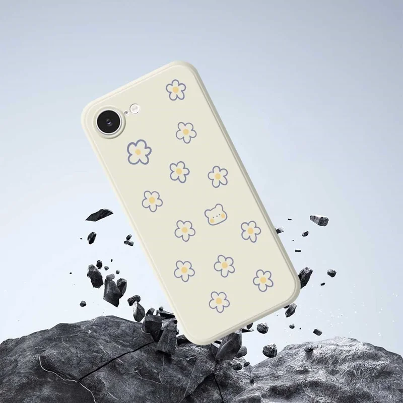 For iPhone 16e Case Cute Floral Bear Pattern Printing Straight Edge TPU Phone Back Cover - Beige
