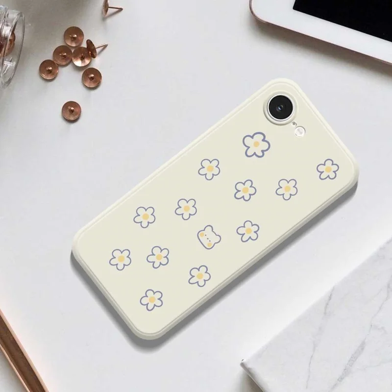 For iPhone 16e Case Cute Floral Bear Pattern Printing Straight Edge TPU Phone Back Cover - Beige