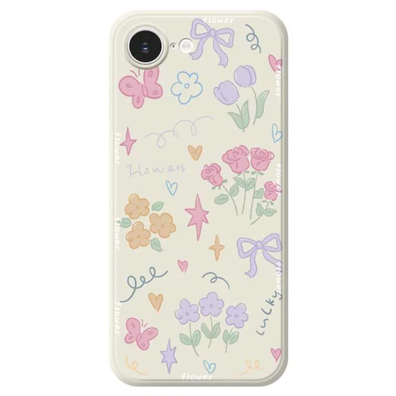 For iPhone 16e Case Cute Lucky Flowers Pattern Printing Straight Edge TPU Phone Back Cover - Beige
