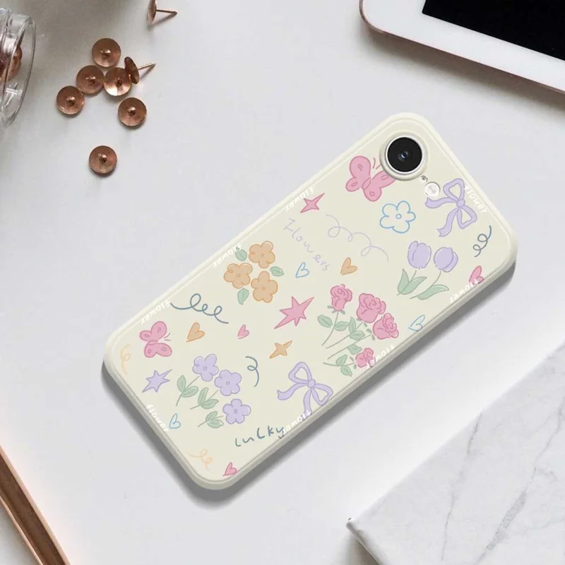 For iPhone 16e Case Cute Lucky Flowers Pattern Printing Straight Edge TPU Phone Back Cover - Beige