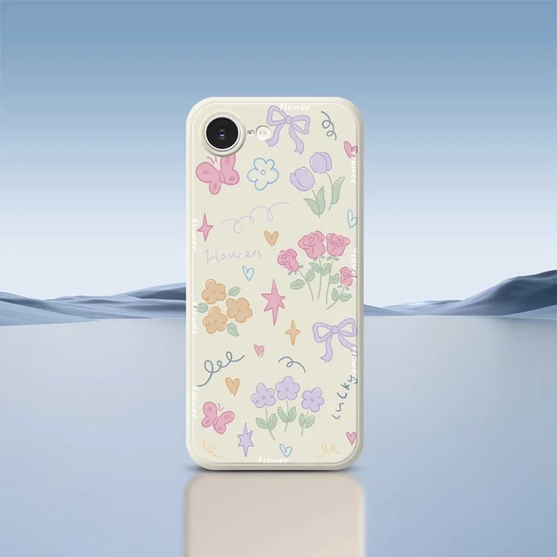For iPhone 16e Case Cute Lucky Flowers Pattern Printing Straight Edge TPU Phone Back Cover - Beige