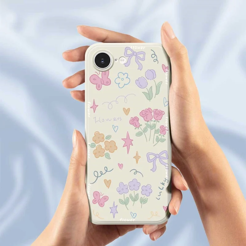 For iPhone 16e Case Cute Lucky Flowers Pattern Printing Straight Edge TPU Phone Back Cover - Beige