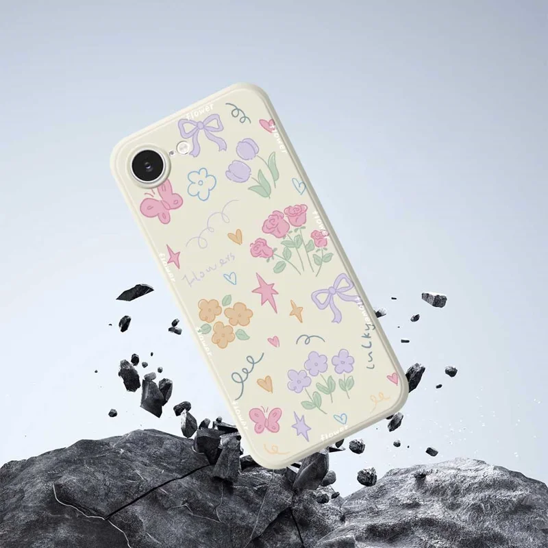 For iPhone 16e Case Cute Lucky Flowers Pattern Printing Straight Edge TPU Phone Back Cover - Beige