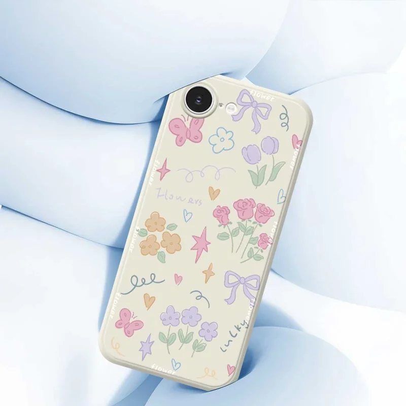 For iPhone 16e Case Cute Lucky Flowers Pattern Printing Straight Edge TPU Phone Back Cover - Beige