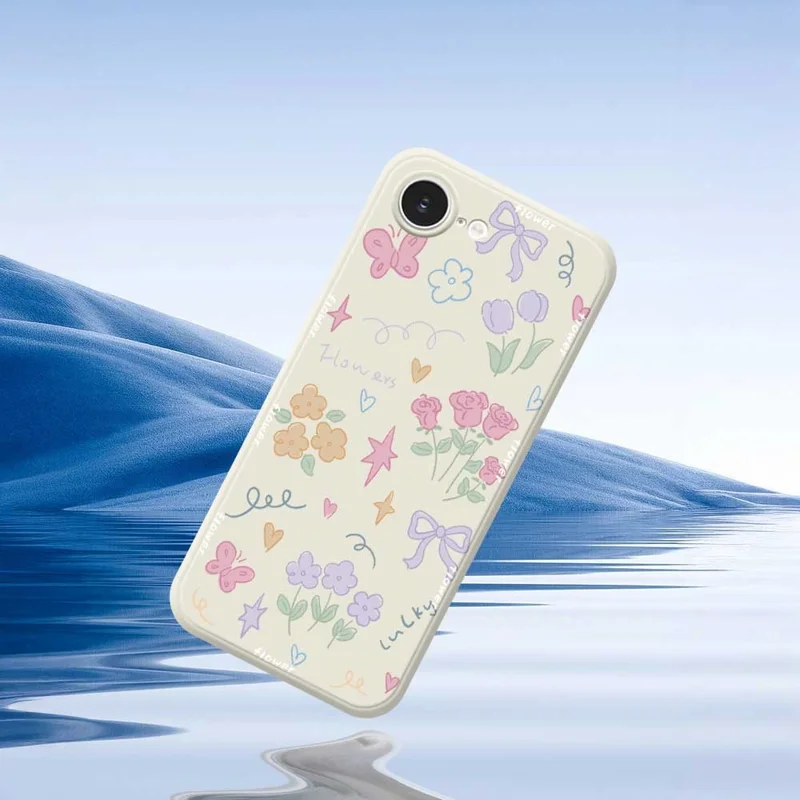 For iPhone 16e Case Cute Lucky Flowers Pattern Printing Straight Edge TPU Phone Back Cover - Beige