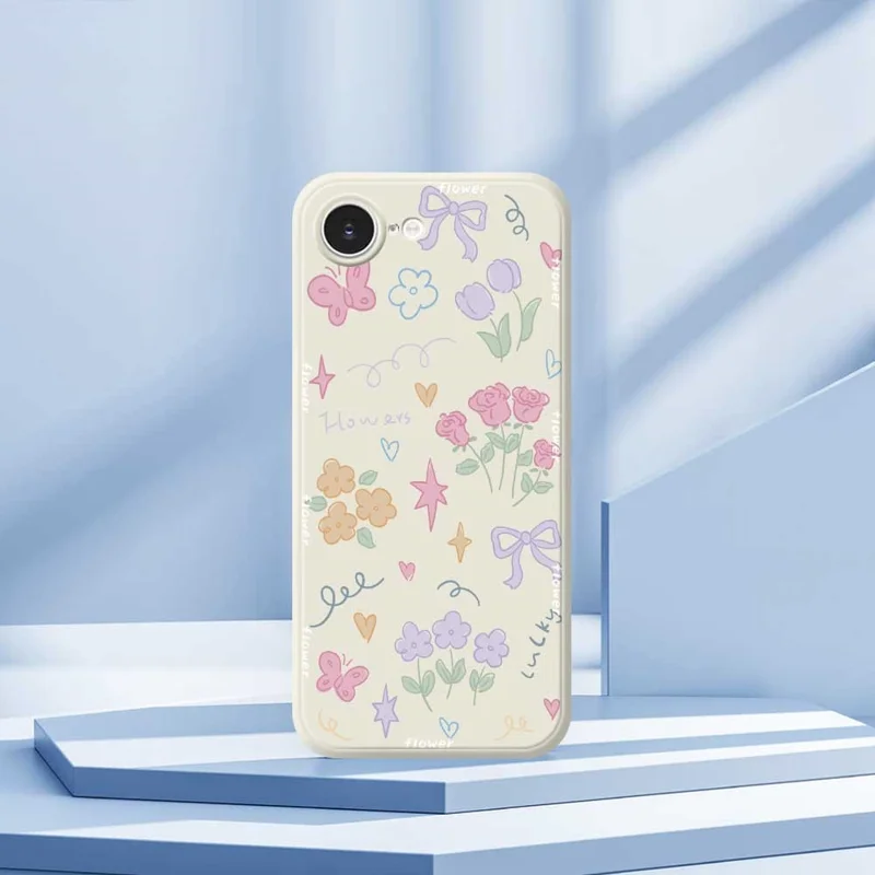 For iPhone 16e Case Cute Lucky Flowers Pattern Printing Straight Edge TPU Phone Back Cover - Beige