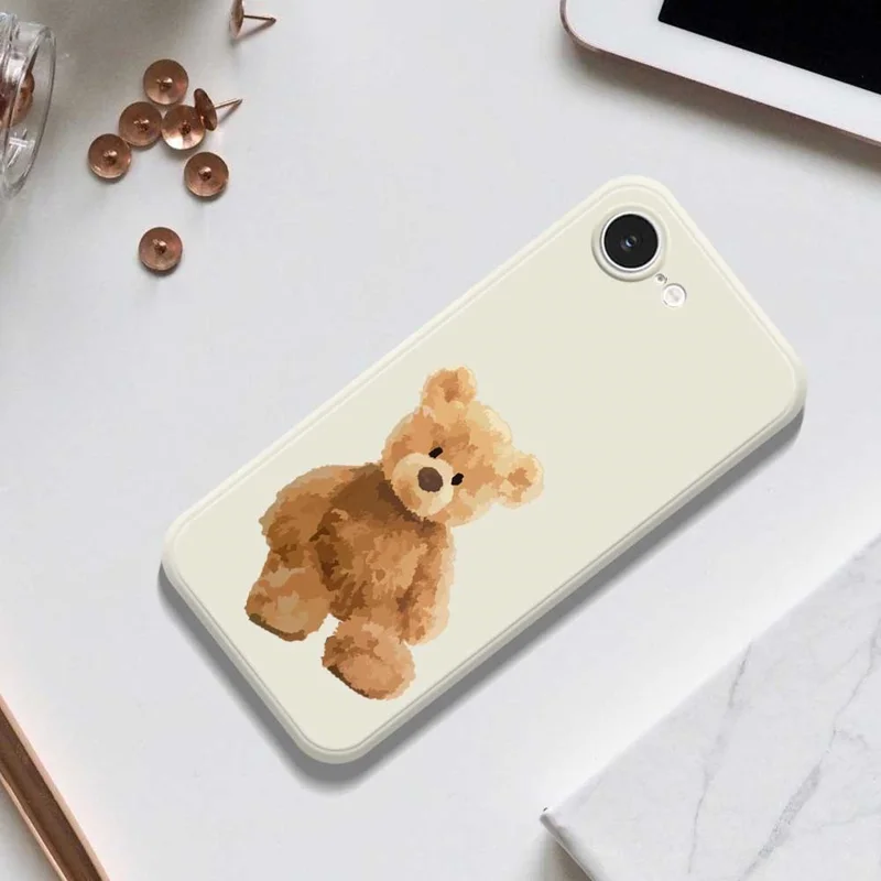 For iPhone 16e Case Brown Bear Doll Pattern Printing Straight Edge TPU Phone Back Cover - Beige