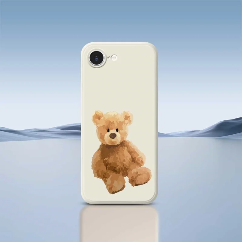 For iPhone 16e Hoes Bruine Beer Poppenpatroon Rechte Rand TPU Telefoonhoes - Zwart