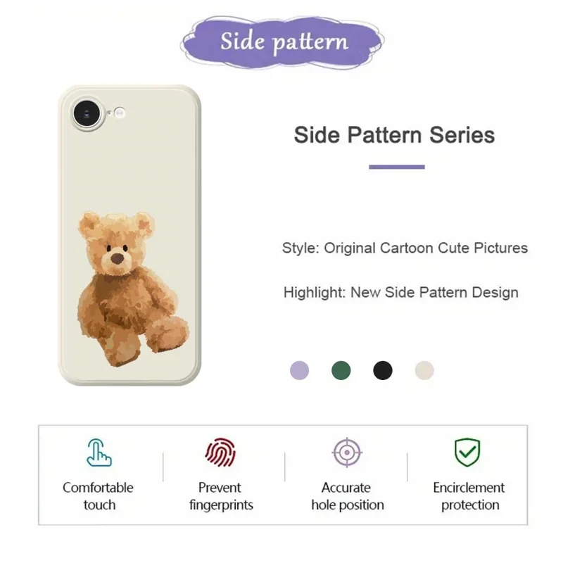 For iPhone 16e Hoes Bruine Beer Poppenpatroon Rechte Rand TPU Telefoonhoes - Zwart