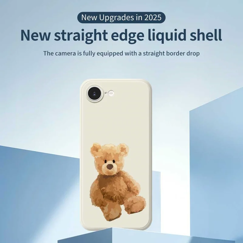 For iPhone 16e Hoes Bruine Beer Poppenpatroon Rechte Rand TPU Telefoonhoes - Zwart