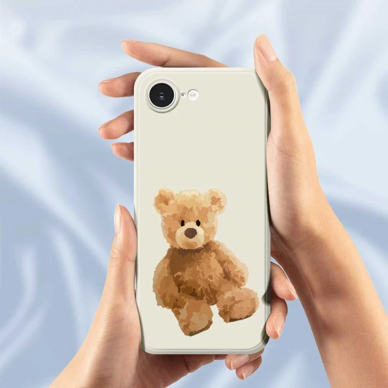 For iPhone 16e Hoes Bruine Beer Poppenpatroon Rechte Rand TPU Telefoonhoes - Zwart