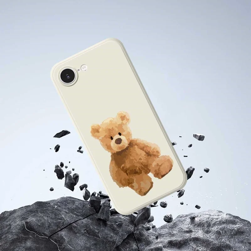 For iPhone 16e Hoes Bruine Beer Poppenpatroon Rechte Rand TPU Telefoonhoes - Zwart