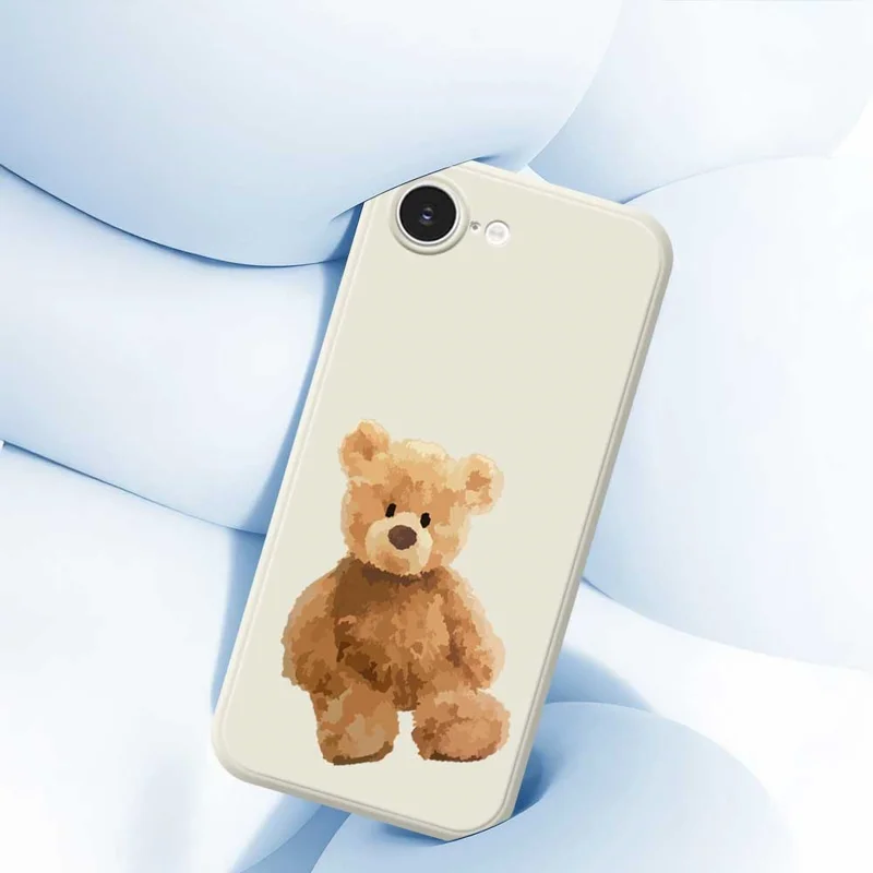 For iPhone 16e Hoes Bruine Beer Poppenpatroon Rechte Rand TPU Telefoonhoes - Zwart