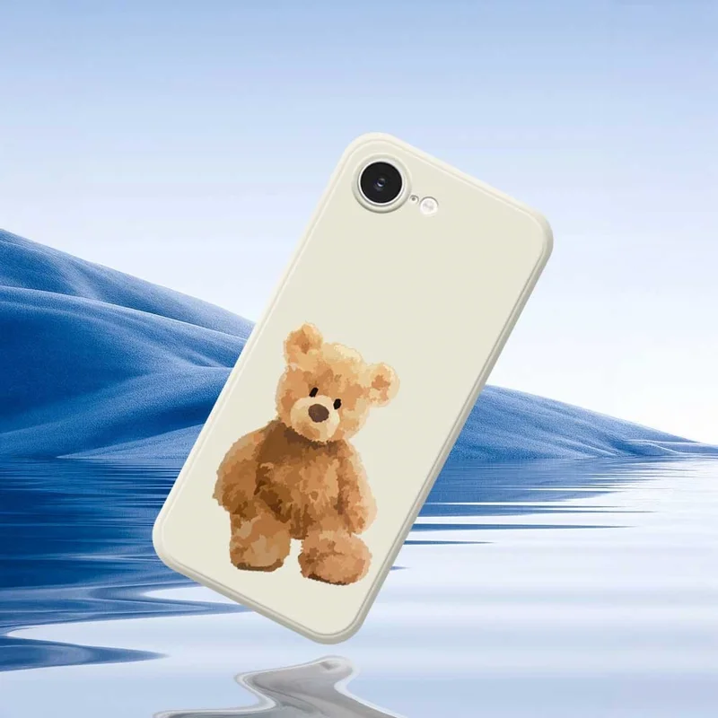 For iPhone 16e Hoes Bruine Beer Poppenpatroon Rechte Rand TPU Telefoonhoes - Zwart