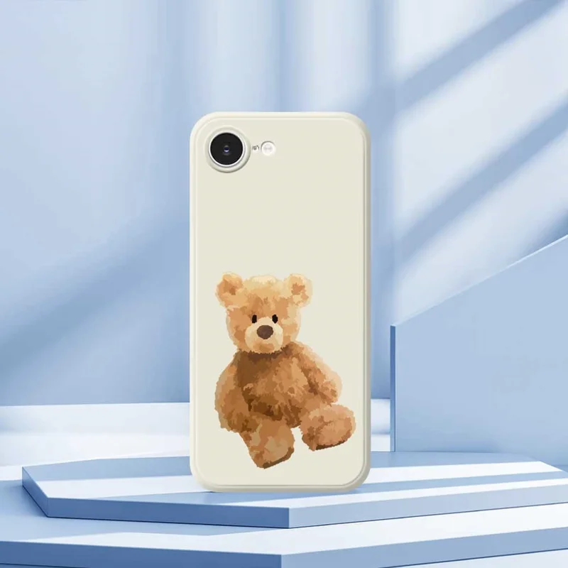 For iPhone 16e Hoes Bruine Beer Poppenpatroon Rechte Rand TPU Telefoonhoes - Zwart