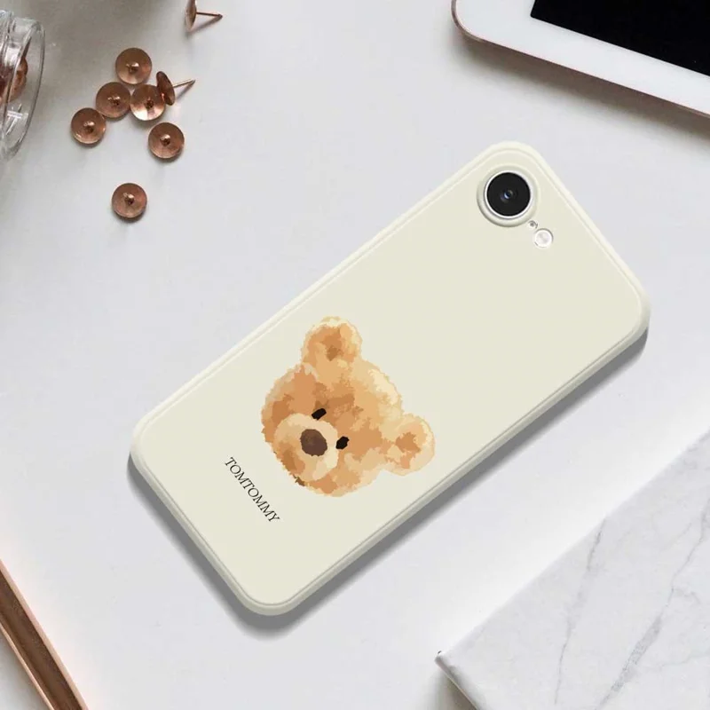 For iPhone 16e Case Brown Bear Doll Head Pattern Printing Straight Edge TPU Phone Back Cover - Beige
