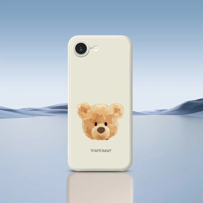 For iPhone 16e Case Brown Bear Doll Head Pattern Printing Straight Edge TPU Phone Back Cover - Beige