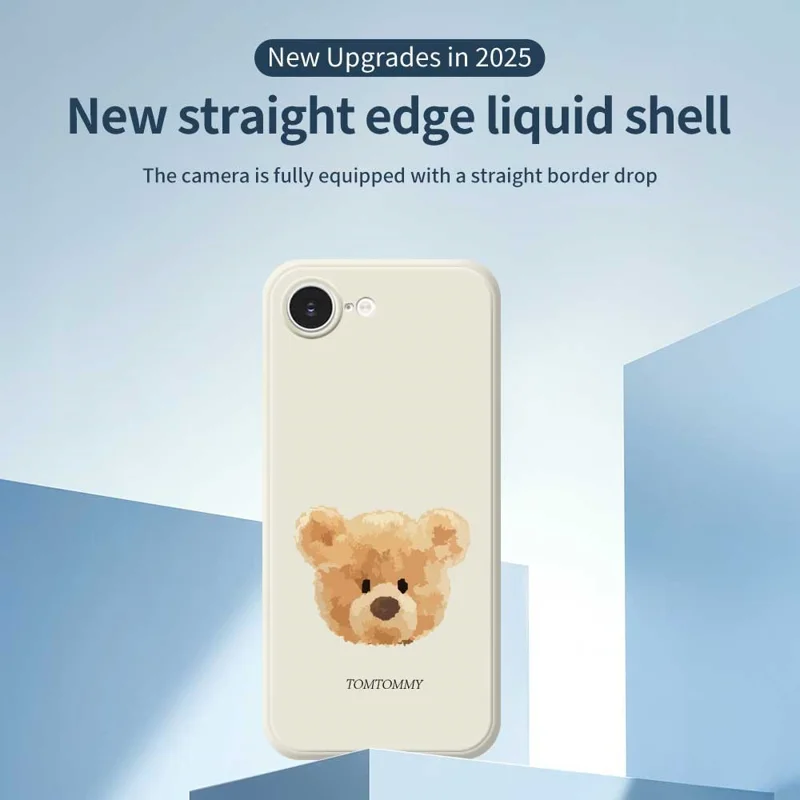 For iPhone 16e Case Brown Bear Doll Head Pattern Printing Straight Edge TPU Phone Back Cover - Beige