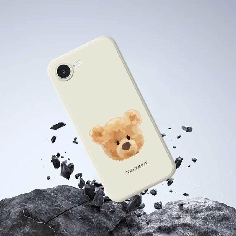 For iPhone 16e Case Brown Bear Doll Head Pattern Printing Straight Edge TPU Phone Back Cover - Beige