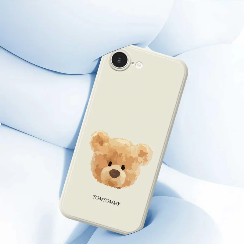 For iPhone 16e Case Brown Bear Doll Head Pattern Printing Straight Edge TPU Phone Back Cover - Beige