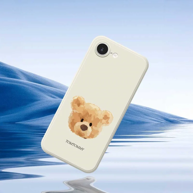 For iPhone 16e Case Brown Bear Doll Head Pattern Printing Straight Edge TPU Phone Back Cover - Beige