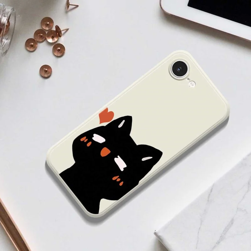 For iPhone 16e Case Cute Love Cat Pattern Printing Straight Edge TPU Phone Back Cover - Beige