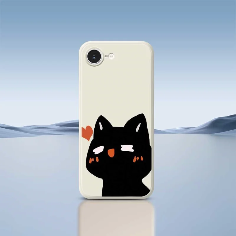 For iPhone 16e Case Cute Love Cat Pattern Printing Straight Edge TPU Phone Back Cover - Beige