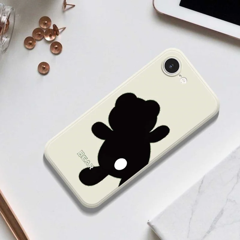 For iPhone 16e Case Black Bear Back Pattern Printing Straight Edge TPU Phone Back Cover - Beige