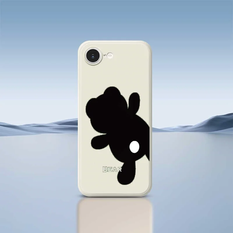 For iPhone 16e Case Black Bear Back Pattern Printing Straight Edge TPU Phone Back Cover - Beige