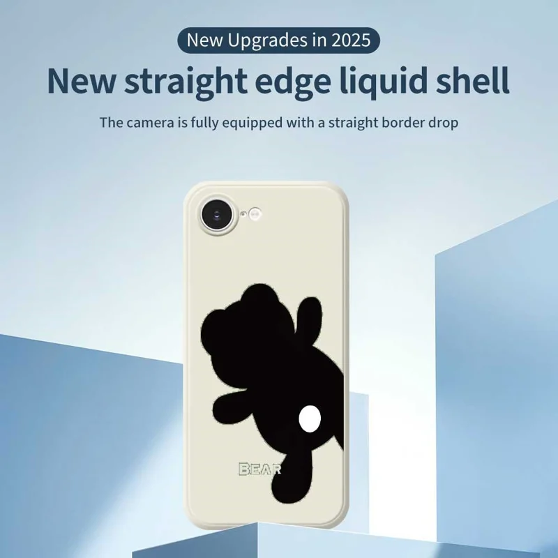 For iPhone 16e Case Black Bear Back Pattern Printing Straight Edge TPU Phone Back Cover - Beige