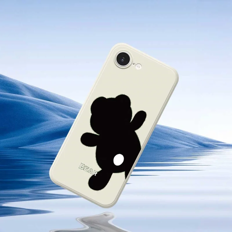 For iPhone 16e Case Black Bear Back Pattern Printing Straight Edge TPU Phone Back Cover - Beige