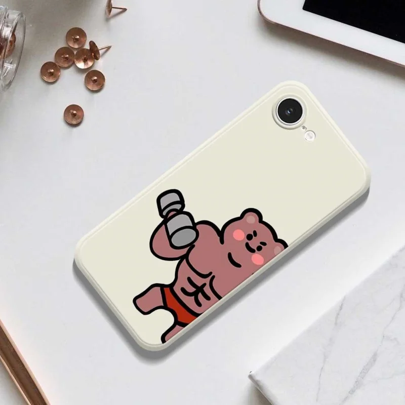 For iPhone 16e Case Muscle Bear Pattern Printing Straight Edge TPU Phone Back Cover - Beige