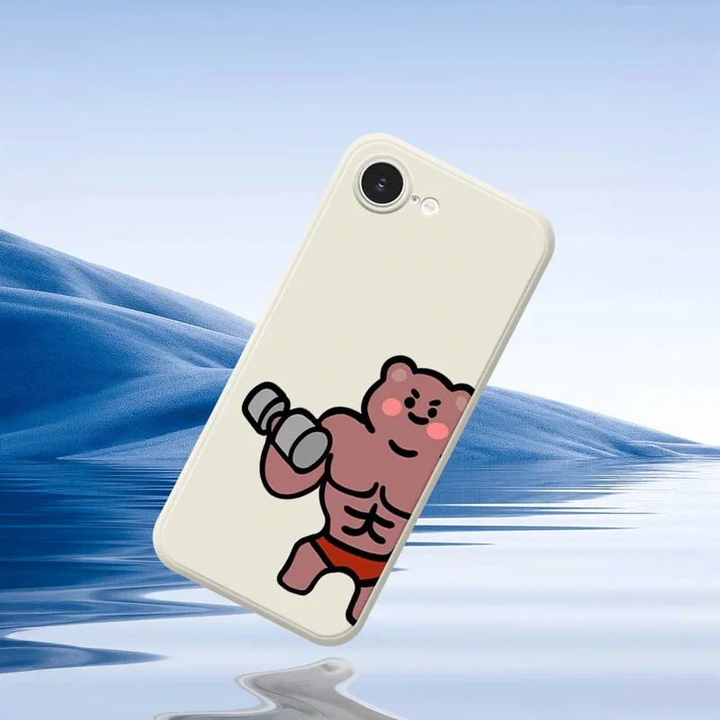 For iPhone 16e Case Muscle Bear Pattern Printing Straight Edge TPU Phone Back Cover - Beige
