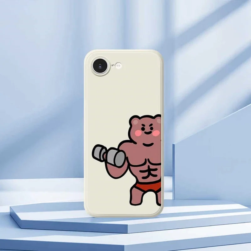 For iPhone 16e Case Muscle Bear Pattern Printing Straight Edge TPU Phone Back Cover - Beige
