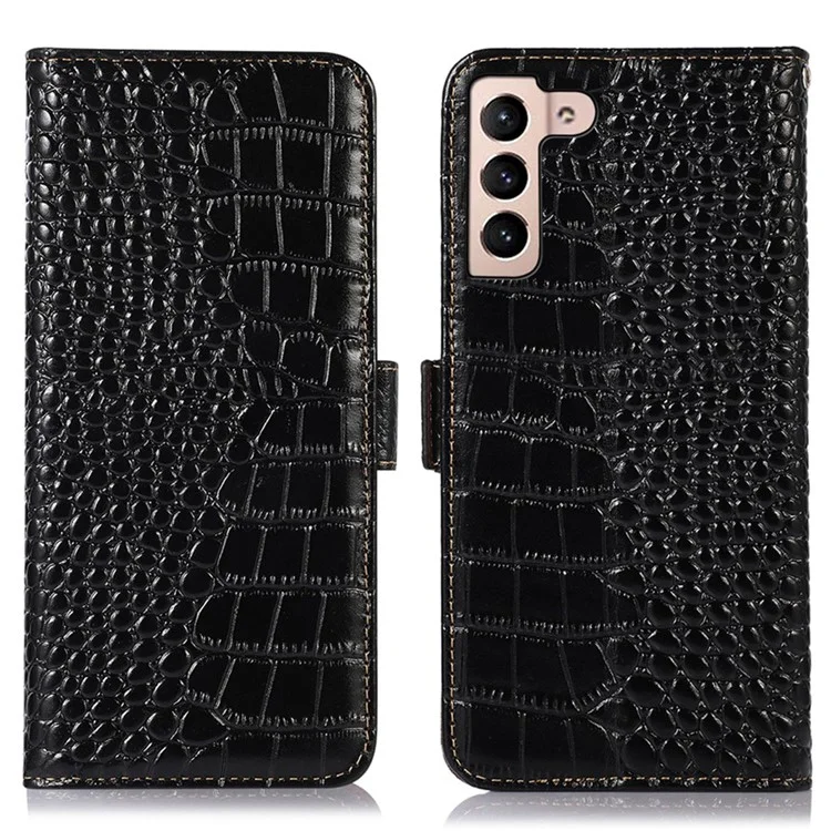 Pour Samsung Galaxy S23+ Portefeuille à texture crocodile Housse de protection à rabat en cuir véritable de vache Debout RFID Blocking Magnetic Phone Case - Noir