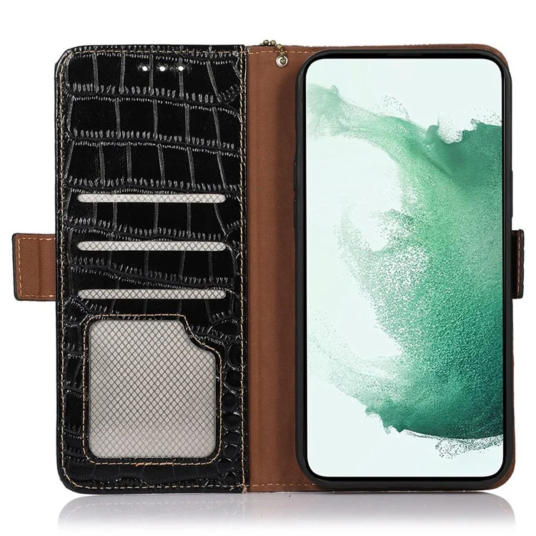 Pour Samsung Galaxy S23+ Portefeuille à texture crocodile Housse de protection à rabat en cuir véritable de vache Debout RFID Blocking Magnetic Phone Case - Noir