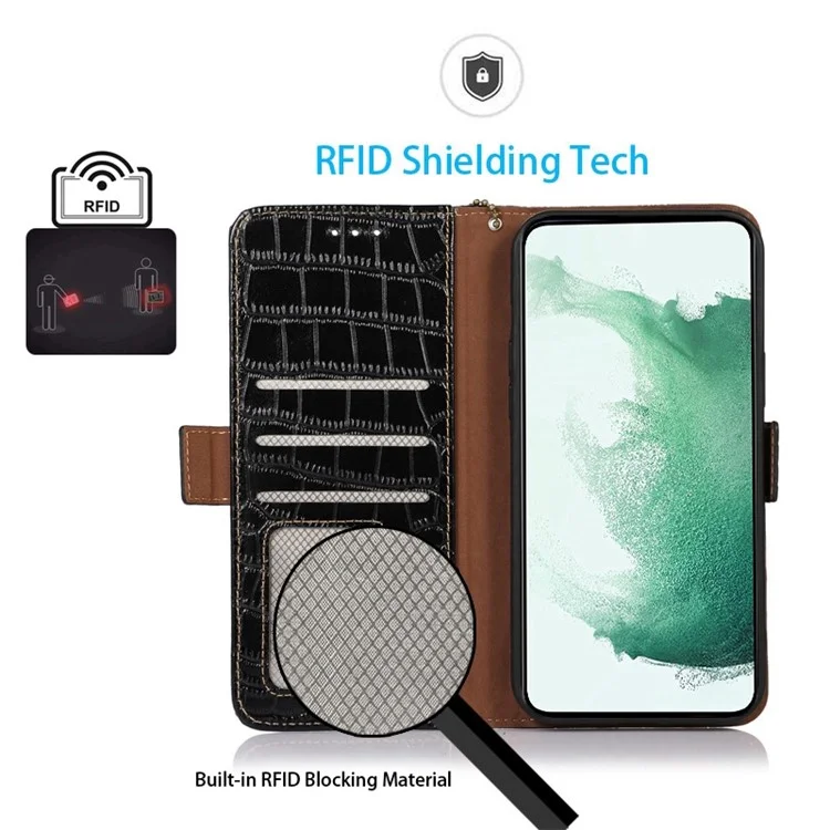 Pour Samsung Galaxy S23+ Portefeuille à texture crocodile Housse de protection à rabat en cuir véritable de vache Debout RFID Blocking Magnetic Phone Case - Noir